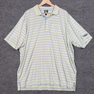 FJ Footjoy Mens Size 2XL Polo Shirt Cream Blue Striped Golf Dallas Athletic Club